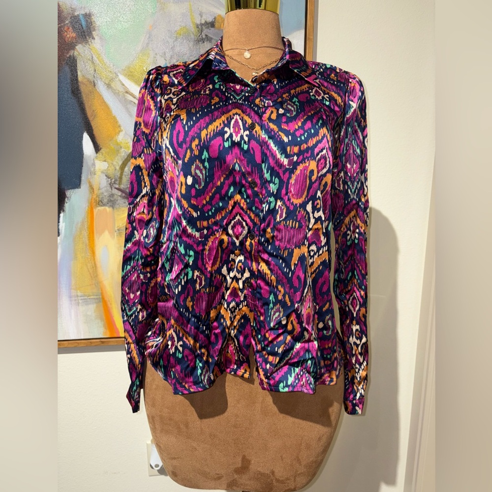 SHEIN Purple and Pink Patterned Button Down Shirt